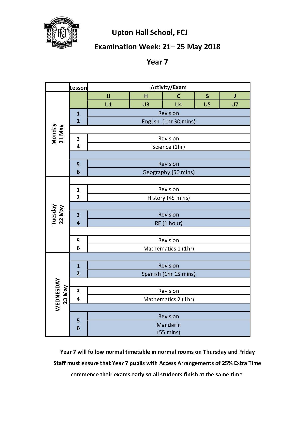 upton hall school school examinations week timetable timetable week